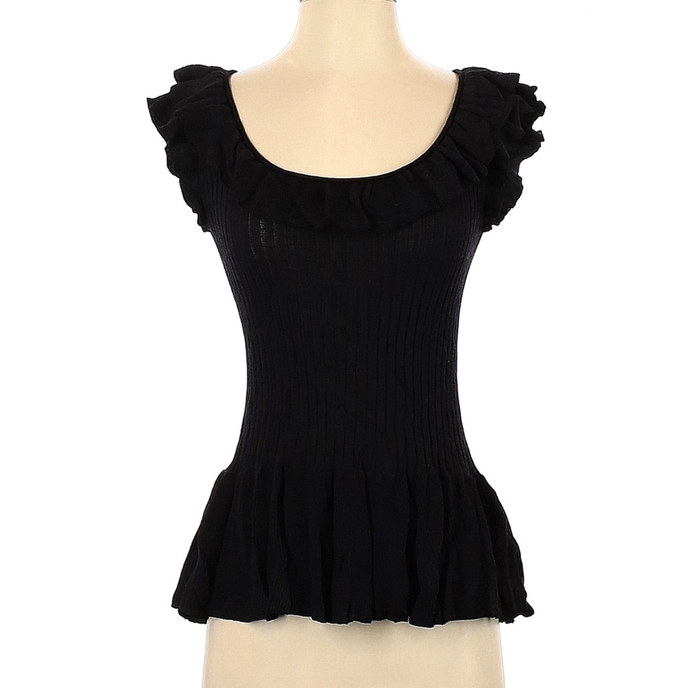 Worthington Ribbed Black Ruffle-Neck Knit Top - Picture 2 of 6